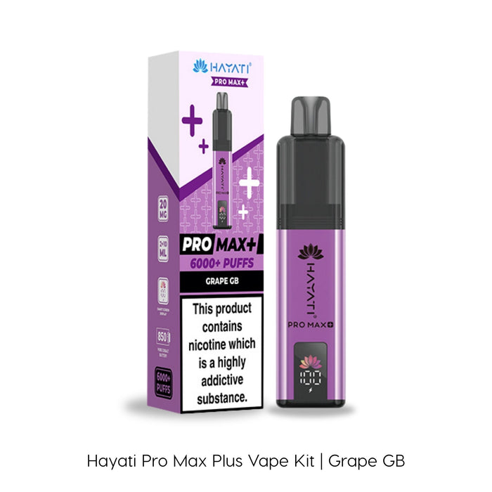 A Hayati Grape GB Pro Max Plus Vape Kit by Hayati is displayed alongside its packaging, which highlights 6000 puffs and 20mg nicotine strength. The vape device features a purple and black design.