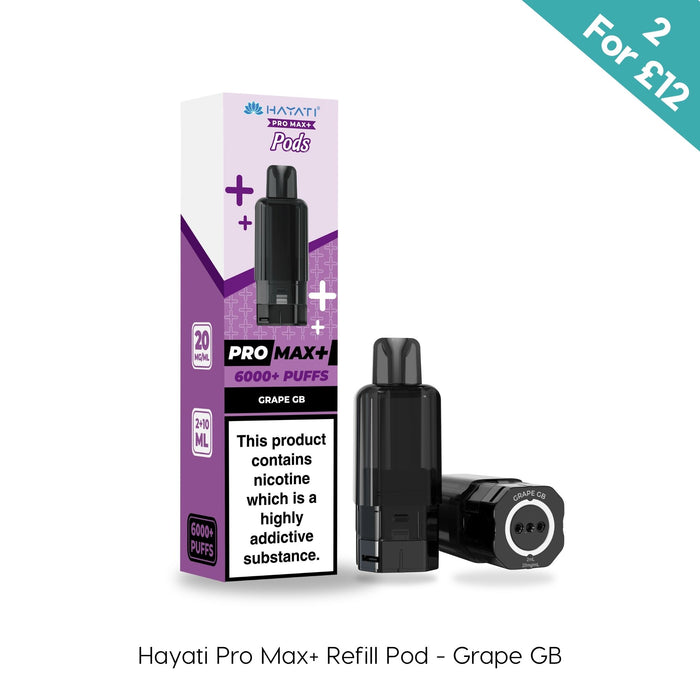 Grape GB Hayati Pro Max Plus prefilled pod and refill container on a plain background