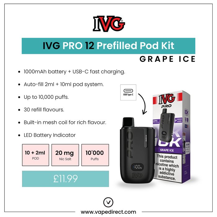 Grape Ice - IVG PRO 12 Prefilled Kit by I VG, with device and box shown, highlights “10,000 puffs” in a teal banner on the packaging. Available at Vape Direct In Milton Keynes