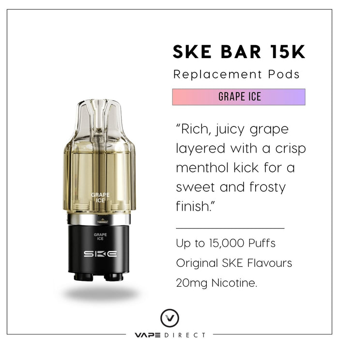 The Grape Ice - SKE Bar 15K Refill Pod by SKE Crystal features a clear top, black base, 20mg nicotine, up to 15,000 puffs, and delivers original grape and menthol flavors. Available at Vape Direct In Milton Keynes
