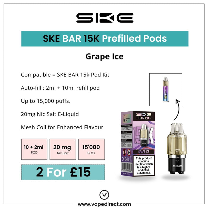 Promotional graphic for SKE Crystal’s Grape Ice - SKE Bar 15K Refill Pod, featuring product images, highlights (15,000 puffs, refill capacity, nicotine strength, mesh coil) and pricing: 2 for £15. Available at Vape Direct In Milton Keynes