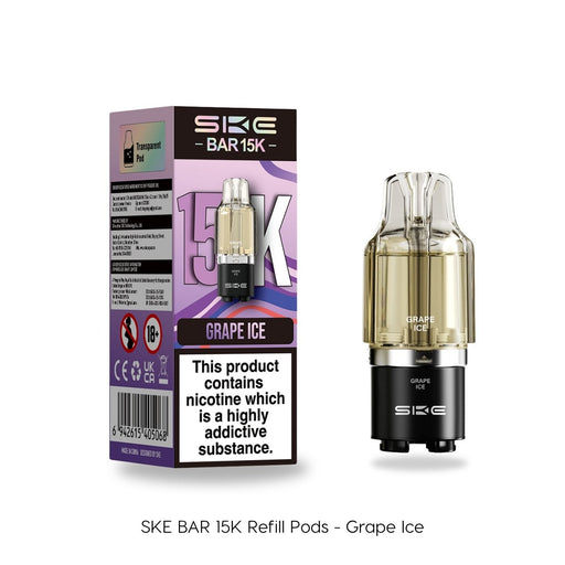 Featured here are the SKE Crystal Grape Ice - SKE Bar 15K Refill Pod and its box, which displays key product info and warnings. The transparent pod is shown beside the box, made specifically for use with the SKE BAR 15K device. Available at Vape Direct In Milton Keynes