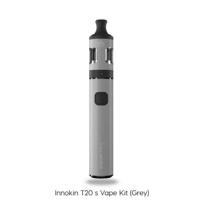 A grey Innokin T20S Vape Kit stands upright with a black mouthpiece and rectangular button, designed for mouth-to-lung vaping. Text below reads: Innokin T20S Vape Kit (Grey). Brand: Innokin. Available at Vape Direct In Milton Keynes