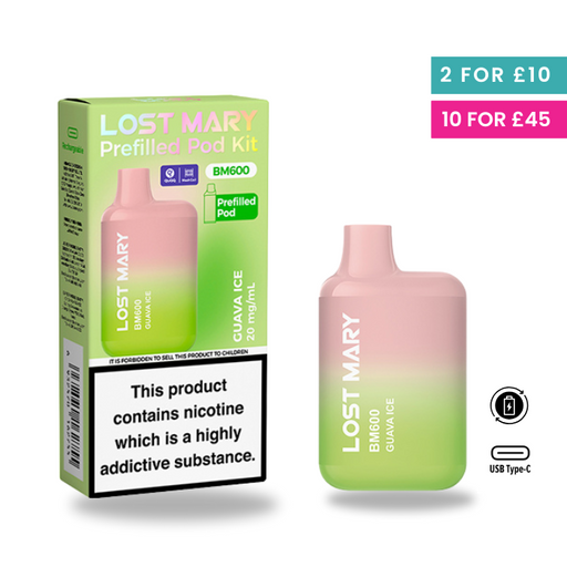 Lost Mary guava ice prefilled pod kit with packaging and product on a white background