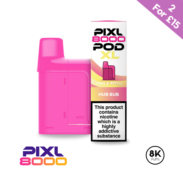 Hub Bub Pixl 8000 Pod XL replacement prefilled pod and e-liquid refill pack in pink, showing the pod piece next to its retail packaging with 8K puffs and 2 for £15 multi-buy offer badge.