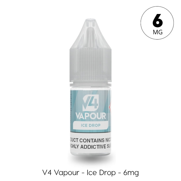 A 10ml bottle of V4 Vapour Ice Drops E-Liquid, featuring a clear cap and a 6mg strength label. Branded as V4 Vapour, this refreshing icy vape juice is perfect for menthol lovers. Available at Vape Direct In Milton Keynes