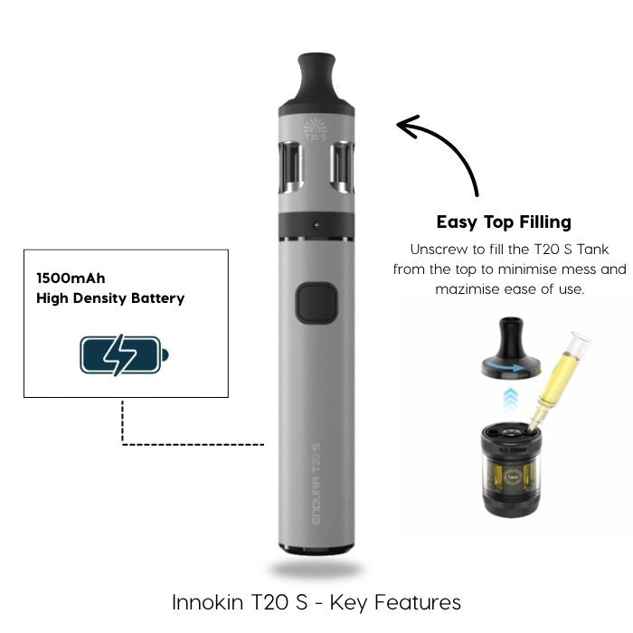 The Innokin T20S Vape Kit by Innokin features a 1500mAh high density battery and easy top filling, with an illustrated guide for refilling the tank, designed for smooth mouth-to-lung vaping. Available at Vape Direct In Milton Keynes