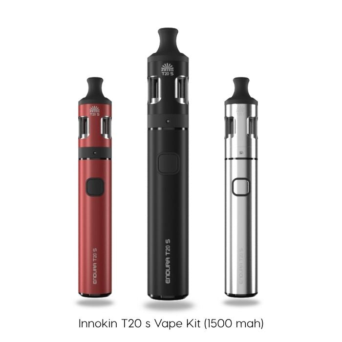 Three Innokin T20S Vape Kits in red, black, and silver stand upright side by side—ideal for mouth-to-lung vaping. "Innokin T20S Vape Kit" by Innokin is written below. Available at Vape Direct In Milton Keynes