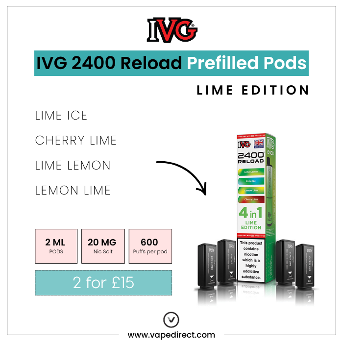 IVG 2400 Reload Prefilled Pods Lime Edition packaging with product details on a white background.