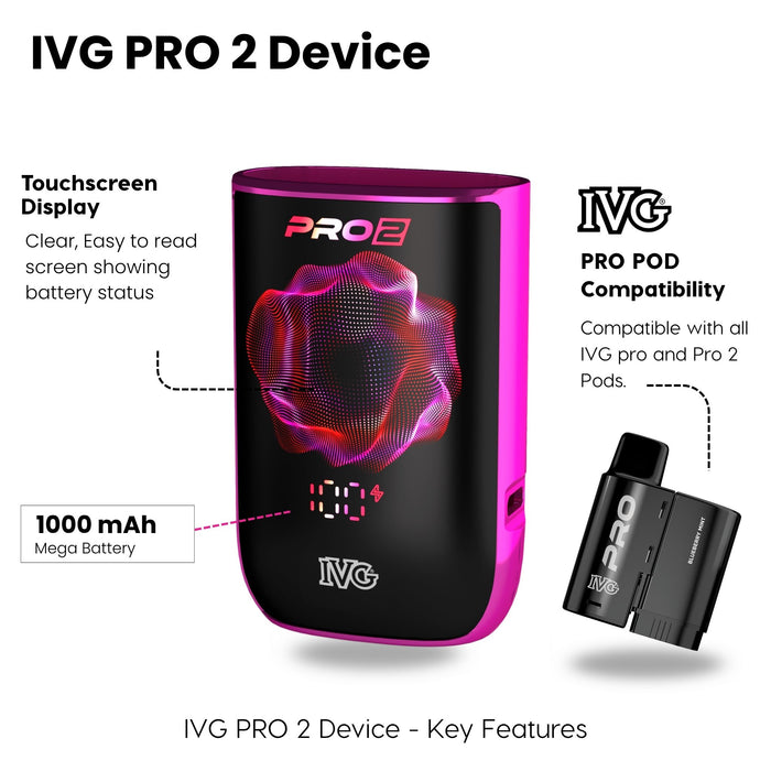 The I VG IVG PRO 2 Vape Device features a reusable 1000mAh battery, digital touchscreen for battery status, compatibility with PRO PODs, and comes in black or pink with PRO 2 branding. Available at Vape Direct In Milton Keynes
