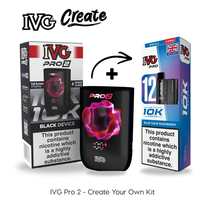 Promotional graphic titled "IVG Create" for the IVG Pro 2 Create Your Own Kit, showing a black 1000mAh rechargeable device with a full-screen display, its retail box, and a 12ml Blue Sour Raspberry 10K puff prefilled pod refill box.