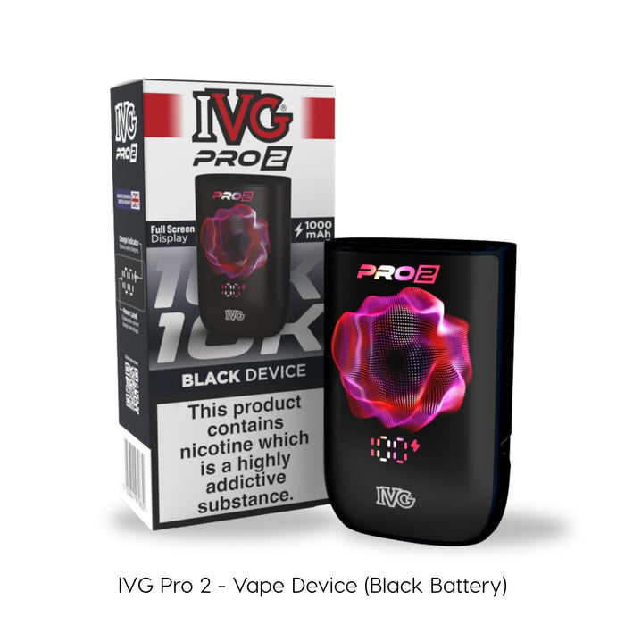 A black I VG PRO 2 Vape Device with a digital display and pink wave graphic is shown next to its box. Caption: I VG PRO 2 Vape Device (Black) featuring a powerful, reusable 1000 mAh battery. Available at Vape Direct In Milton Keynes