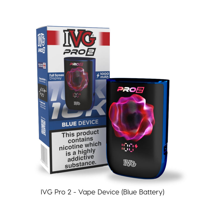 The I VG IVG PRO 2 Vape Device in blue features a digital display, vibrant wave graphic, and 1000mAh battery, displayed with its branded packaging. Available at Vape Direct In Milton Keynes