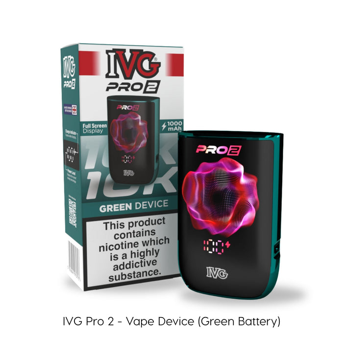 A green IVG PRO 2 Vape Device by I VG, featuring a 1000 mAh battery and a digital display with colorful graphics, stands next to its packaging, which provides information about nicotine addiction. Available at Vape Direct In Milton Keynes