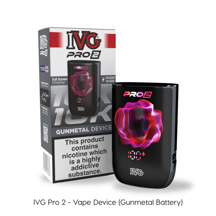 A black IVG PRO 2 Vape Device by I VG with a digital screen showing a pink and purple abstract pattern is displayed next to its packaging. It features a 1000 mAh battery and a reusable vape battery for extended use. Available at Vape Direct In Milton Keynes