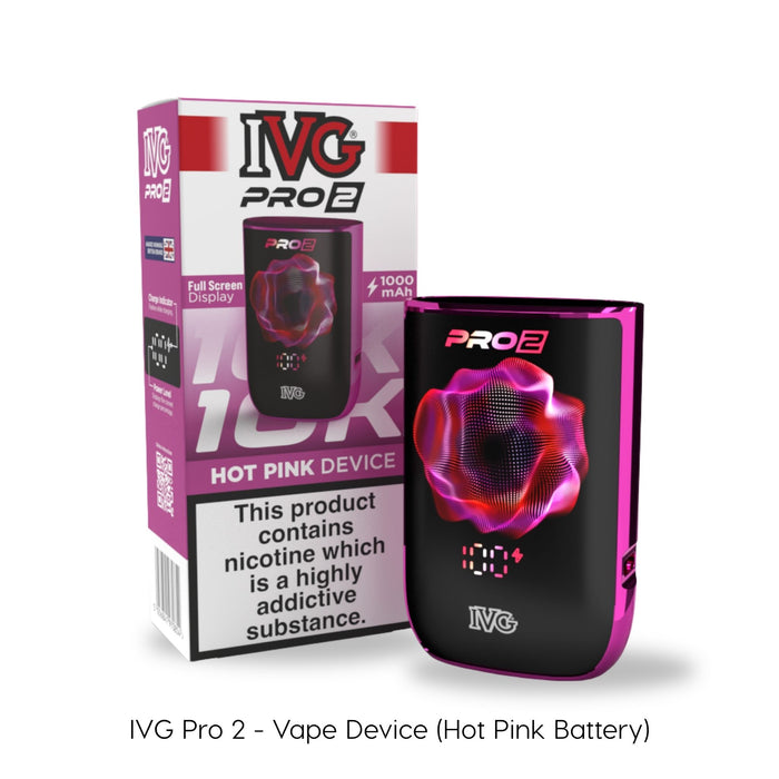 A black and hot pink IVG PRO 2 Vape Device by I VG is displayed next to its packaging, showcasing its reusable design and powerful 1000 mAh battery. The text "IVG PRO 2 Vape Device (Hot Pink Battery)" appears below. Available at Vape Direct In Milton Keynes