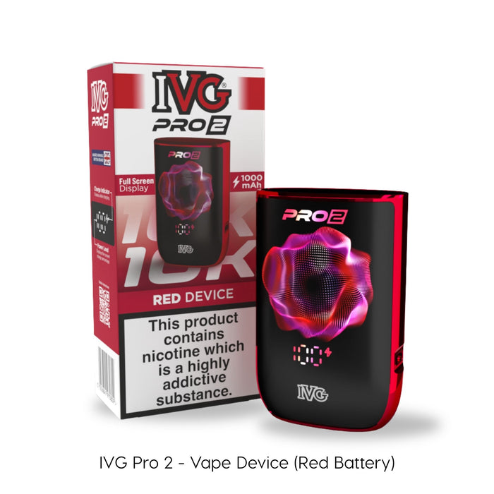 The I VG IVG PRO 2 Vape Device with a red reusable battery is shown next to its packaging, showcasing its full screen display and powerful 1000mAh battery. Available at Vape Direct In Milton Keynes