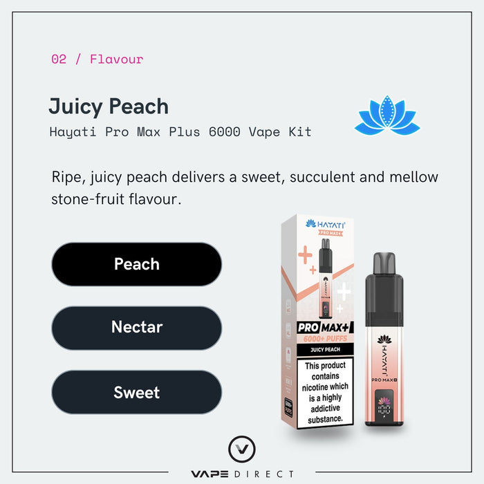 The Juicy Peach Hayati Pro Max Plus Vape Kit by Hayati is displayed alongside its packaging and device. Savor the ripe, sweet, and mellow flavors of peach and nectar in every puff. This vape kit delivers up to 6000 puffs and features Vape Direct branding.