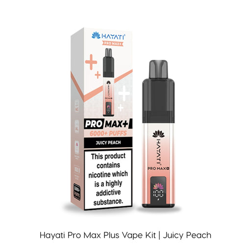 The Juicy Peach Hayati Pro Max Plus Vape Kit by Hayati is displayed alongside its packaging, showcasing clear branding and a 6000 puff capacity.