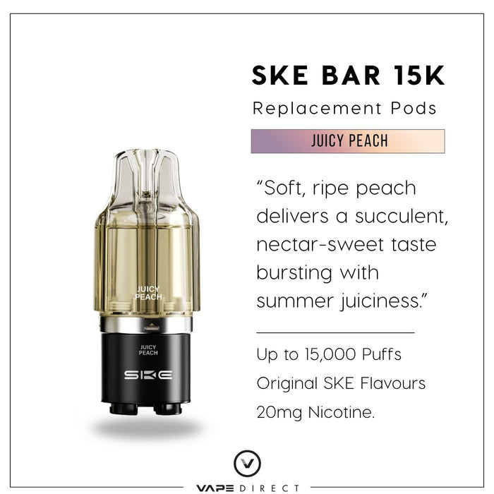 Image of SKE Crystal’s Juicy Peach - SKE Bar 15K Refill Pod, labeled Juicy Peach and highlighting its sweet, juicy flavor. Text displays 15,000 puffs, original SKE flavors, and 20mg nicotine content. Available at Vape Direct In Milton Keynes