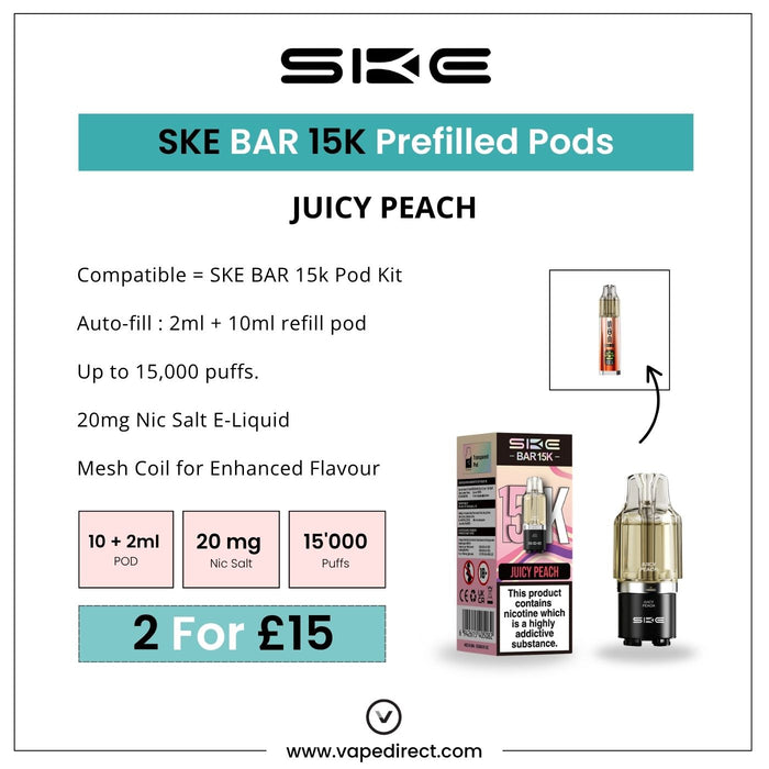 Introducing the Juicy Peach - SKE Bar 15K Refill Pod by SKE Crystal, now in a 2 for £15 offer! Enjoy 15,000 puffs, 20mg nic salt, and mesh coil. Visuals display both pods and packaging. Available at Vape Direct In Milton Keynes