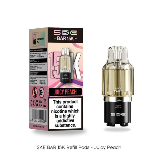 A Juicy Peach - SKE Bar 15K Refill Pod by SKE Crystal is displayed next to its packaging, featuring peach flavor details, a 15,000 puff count, and a transparent window showing the refill pod inside. Available at Vape Direct In Milton Keynes