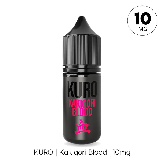 A sleek black bottle from Riot Squad, labeled "Kakigori Blood Nic Salt E-Liquid by Kuro," features a pink logo, black cap, and a "10mg" marker within a circle. Below, the text reads: KURO | Kakigori Blood | 10mg. This nic salt e-liquid delivers bold flavor notes, making it ideal for MTL kits.