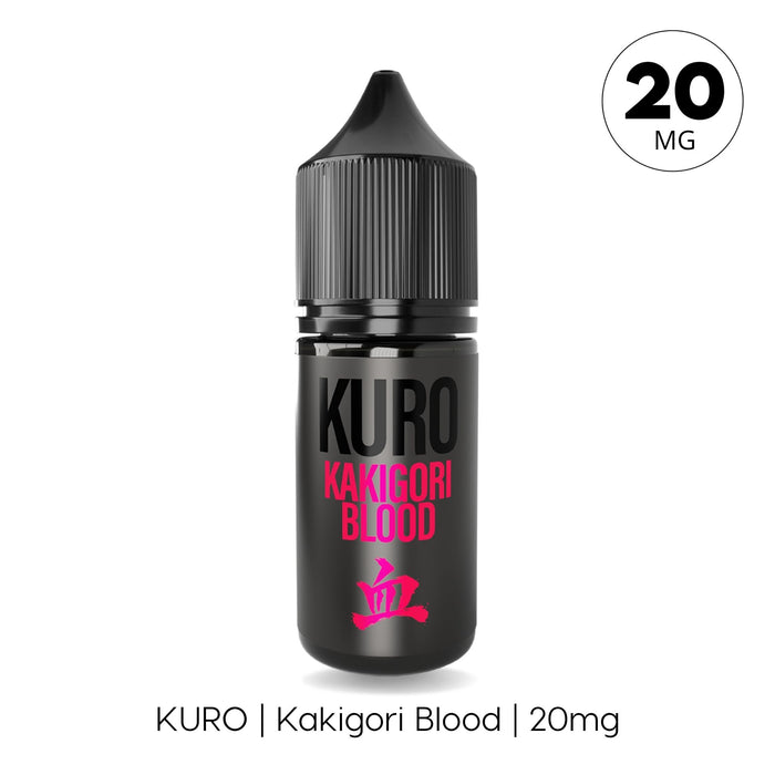 A black bottle with a pink-accented design showcases the Kakigori Blood Nic Salt E-Liquid by Kuro from Riot Squad. A circular label in the top right corner displays 20MG. Below, text reads: KURO | Kakigori Blood | 20mg, marking it as ideal for use with MTL kits and featuring blood orange notes.