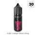 A black bottle with a pink-accented design showcases the Kakigori Blood Nic Salt E-Liquid by Kuro from Riot Squad. A circular label in the top right corner displays 20MG. Below, text reads: KURO | Kakigori Blood | 20mg, marking it as ideal for use with MTL kits and featuring blood orange notes.