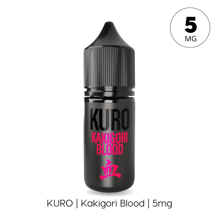 A black bottle labeled with vibrant pink text and a red icon hints at the bold blood orange flavor of Kakigori Blood Nic Salt E-Liquid by Kuro. The label reads 5MG, and below, it states: Riot Squad | Kakigori Blood Nic Salt E-Liquid | 5mg—perfect for use with MTL kits or as a smooth nic salt option.