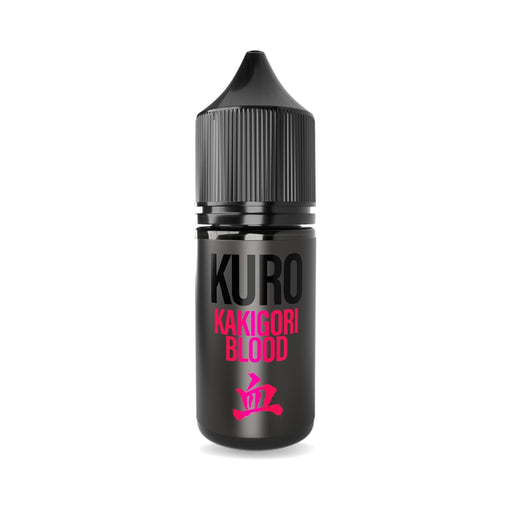 A black bottle labeled "Kakigori Blood Nic Salt E-Liquid by Kuro" from Riot Squad features bold black and pink text, with a vibrant pink logo at the bottom. Specially crafted for MTL kits, this nic salt e-liquid offers a refreshing blood orange essence.