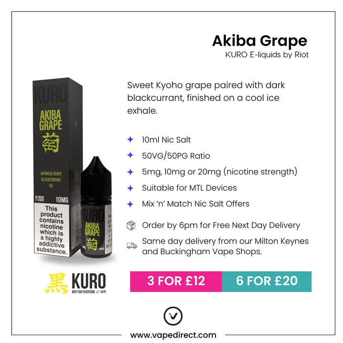 Ad for Akiba Grape Nic Salt E-Liquid by Kuro, from Riot Squad: Showcases a product image and emphasizes the rich, juicy taste of Kyoho grape, expertly blended for MTL kits. Provides an in-depth product description, displays available nicotine strengths, highlights key features, shares price offers (3 for £12 or 6 for £20), includes free next day delivery details, and features Riot Squad branding.