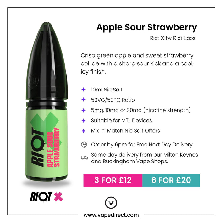 Apple Sour Strawberry Riot X Nic Salt key features – 10ml, 5mg, 10mg and 20mg, 50/50 VG/PG, MTL, UK blended