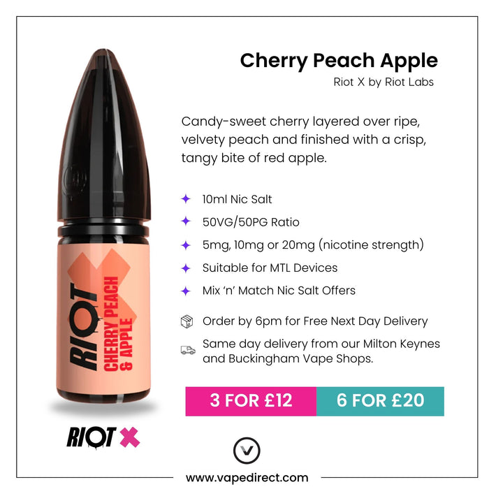 riot vape nicotine free Cherry Peach Apple Riot X Nic Salt E-Liquid