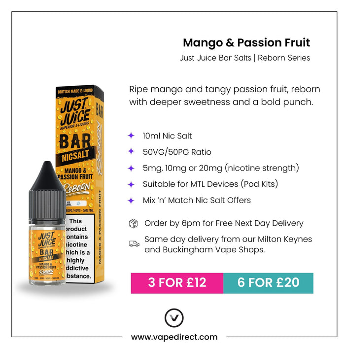 Mango & Passionfruit Nic Salt E-Liquid by Just Juice Bar Reborn