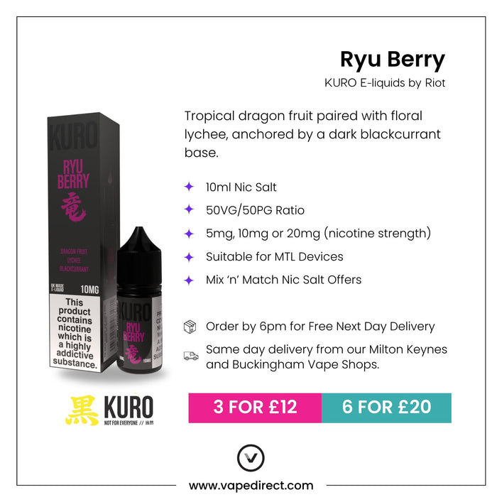 Ryu Berry Nic Salt E-Liquid by Kuro, from Riot Squad, is a UK-made vape juice presented in both a bottle and box. It features delectable flavor notes of dragon fruit, lychee, and blackcurrant. The advertisement provides details on nicotine strength options, compatible devices, pricing deals (3 for £12 or 6 for £20), and delivery information. This e-liquid is an excellent choice for fans of bold dragon fruit flavours looking for great value.