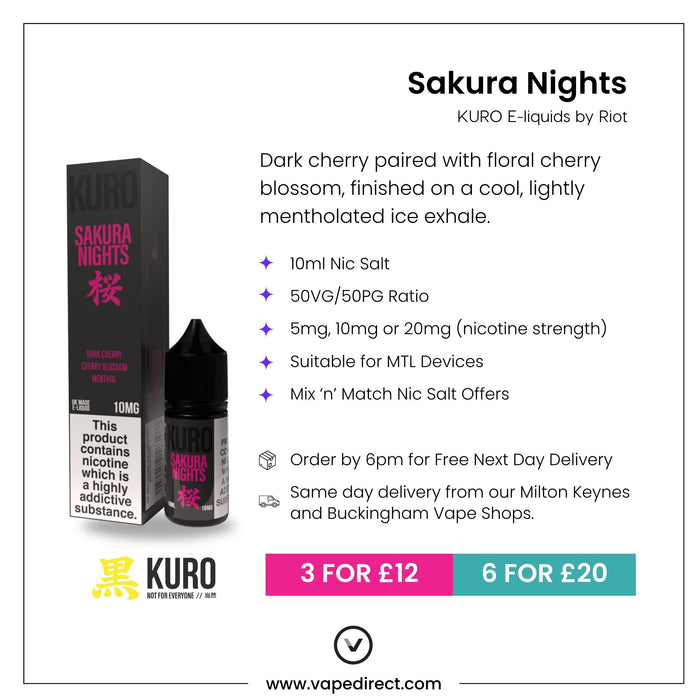 A bottle and box of Sakura Nights Nic Salt E-Liquid by Kuro from Riot Squad are displayed. The text highlights the cherry blossom flavor profile, notes that it's a nic salt e-liquid available in multiple nicotine strengths with a balanced PG/VG ratio, specifies its compatibility with MTL kits, mentions special pricing offers, and details free next day delivery options.