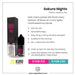 A bottle and box of Sakura Nights Nic Salt E-Liquid by Kuro from Riot Squad are displayed. The text highlights the cherry blossom flavor profile, notes that it's a nic salt e-liquid available in multiple nicotine strengths with a balanced PG/VG ratio, specifies its compatibility with MTL kits, mentions special pricing offers, and details free next day delivery options.