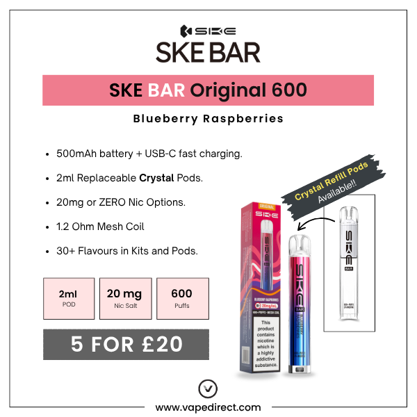 Key Features of the  Blueberry Raspberries SKE BAR by SKE Crystal. 500mAh battery, 2ml replaceable pods & 20mg nicotine.
