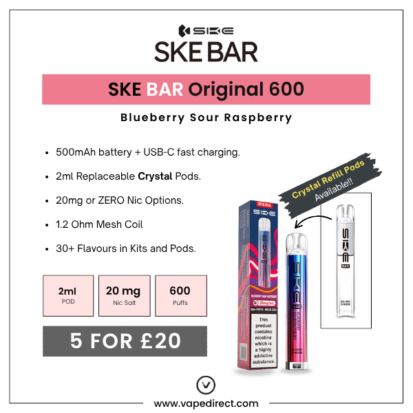 Key Features of the Blueberry Sour Raspberry SKE BAR by SKE Crystal. 500mAh battery, 2ml replaceable pods & 20mg nicotine.