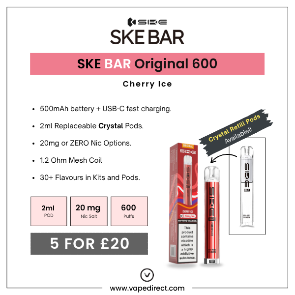 Cherry Ice SKE BAR by SKE Crystal. 500mAh battery, 2ml replaceable pods & 20mg nicotine. 