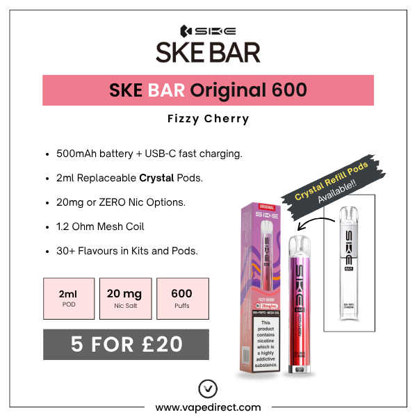Key Features infographic of the Fizzy Cherry SKE BAR by SKE Crystal. 500mAh battery, 2ml replaceable pods & 20mg nicotine.
