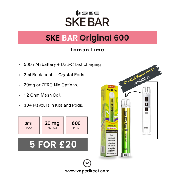 Lemon Lime SKE BAR by SKE Crystal. 500mAh battery, 2ml replaceable pods & 20mg nicotine. 