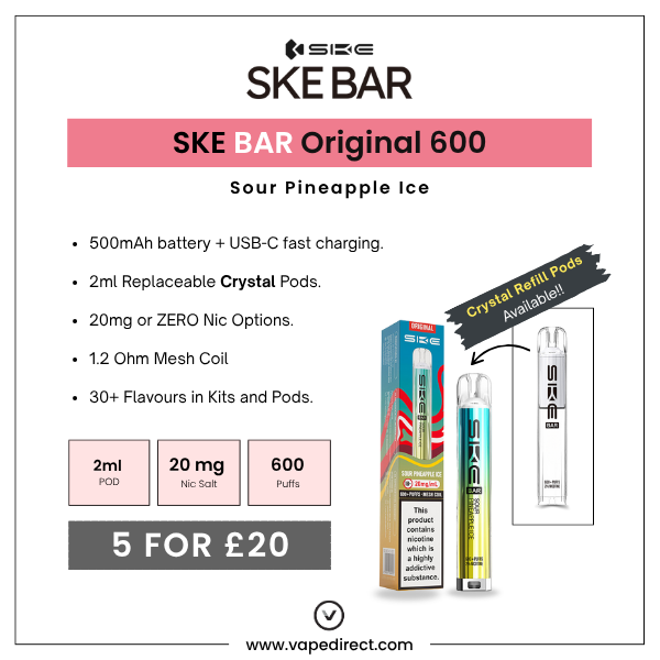 Key Features of the Sour Pineapple Ice SKE BAR by SKE Crystal. 500mAh battery, 2ml replaceable pods & 20mg nicotine.