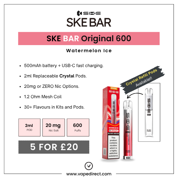 Reusable Vape Watermelon Ice - SKE BAR Pod Kit By SKE Crystal - Vape Direct Australia Crystal Bar Reusable Vape Watermelon Ice - SKE BAR Pod Kit By SKE Crystal - Vape Direct Australia Crystal Bar