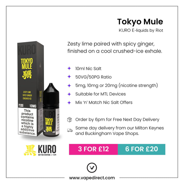 Riot Squad’s Tokyo Mule Nic Salt E-Liquid by Kuro ad features the eye-catching product box and bottle, highlighting its invigorating lime and ginger blend. Available in a balanced 50/50 VG/PG ratio, you can choose from different nicotine strengths. Enjoy great price offers and free next-day delivery from Milton Keynes and Buckingham Vape shops.