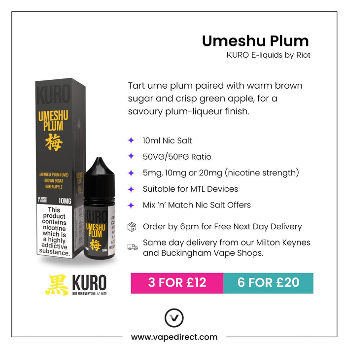 Umeshu Plum Nic Salt E-Liquid by Kuro, crafted by Riot Squad, delivers an authentic Japanese plum flavor with a perfect balance of sweet and tart notes. Available in multiple nicotine strengths and bottle sizes, this premium nic salt e-liquid offers versatility to suit any vaping preference. Explore the latest pricing and order details—proudly presented with the Kuro and Vape Direct logos.