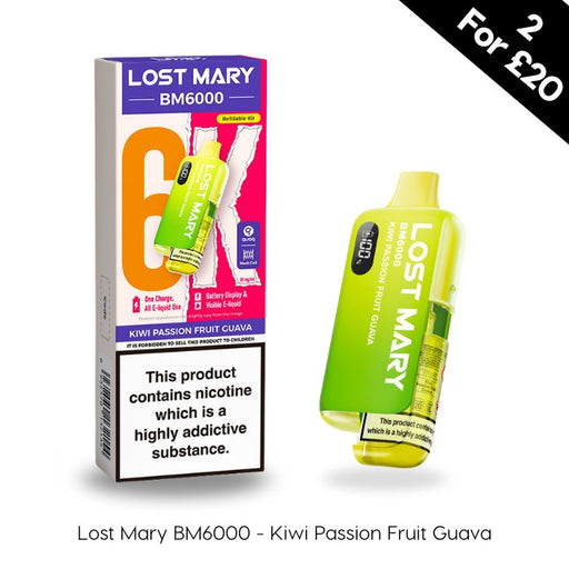 Lost Mary BM6000 in Kiwi Passion Guava flavour at vape device, 2 for £20 on multi buy offers