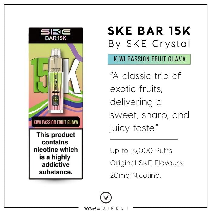 SKE Bar 15K vape in Kiwi Passion Fruit Guava, with up to 15,000 puffs, Original SKE Flavour and 20mg nicotine. 