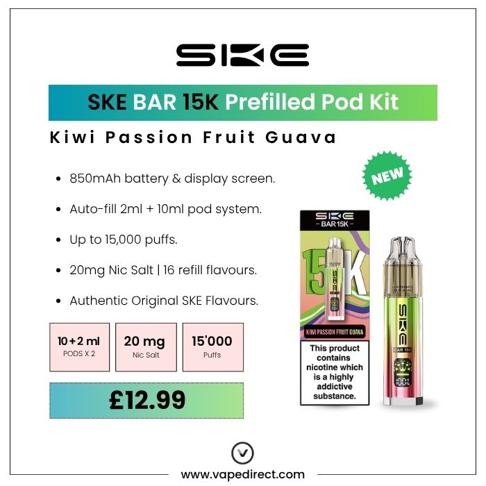SKE BAR 15k pod kit in Kiwi Passion Fruit Guava. 850mAh battery, 15,000 puffs, and 20mg nic salt. 